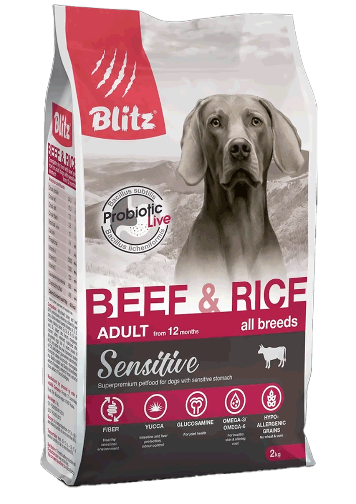 Сухой корм Блиц Сенсетив для взрослых собак всех пород с говядиной и рисом (BLITZ Adult Beef & Rice)